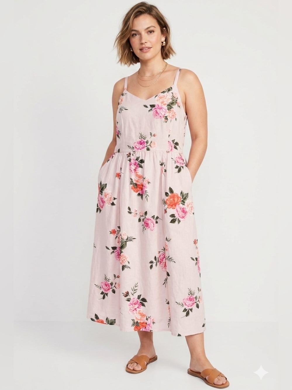 Old Navy Pink Floral Linen Blend Cami Midi Dress Pockets XL